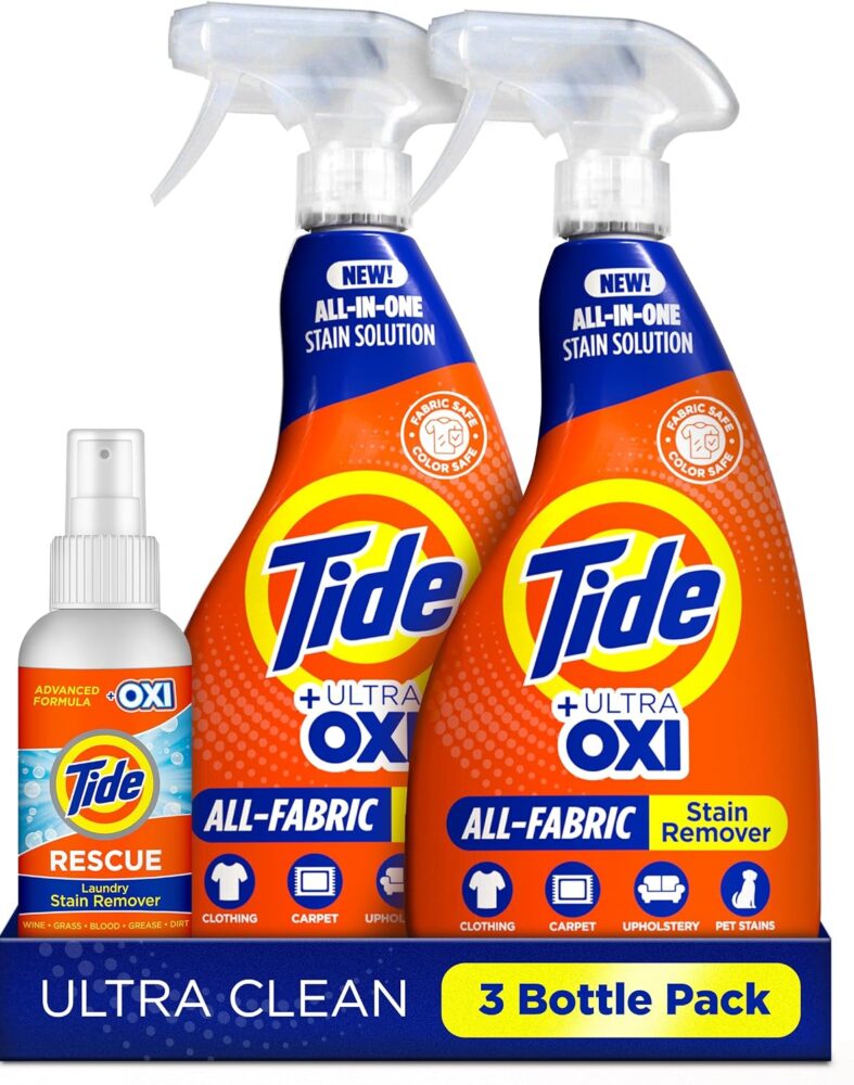 Tide Laundry Stain Remover Spray with Oxi | Stain Remover for Clothes, Carpet, Upholstery, Pet Bedding | Stain Treater Spray for Tough Stains from Wine, Coffee, Grease | 22 Fl Oz (Pack of 2) & 3 Fl Oz