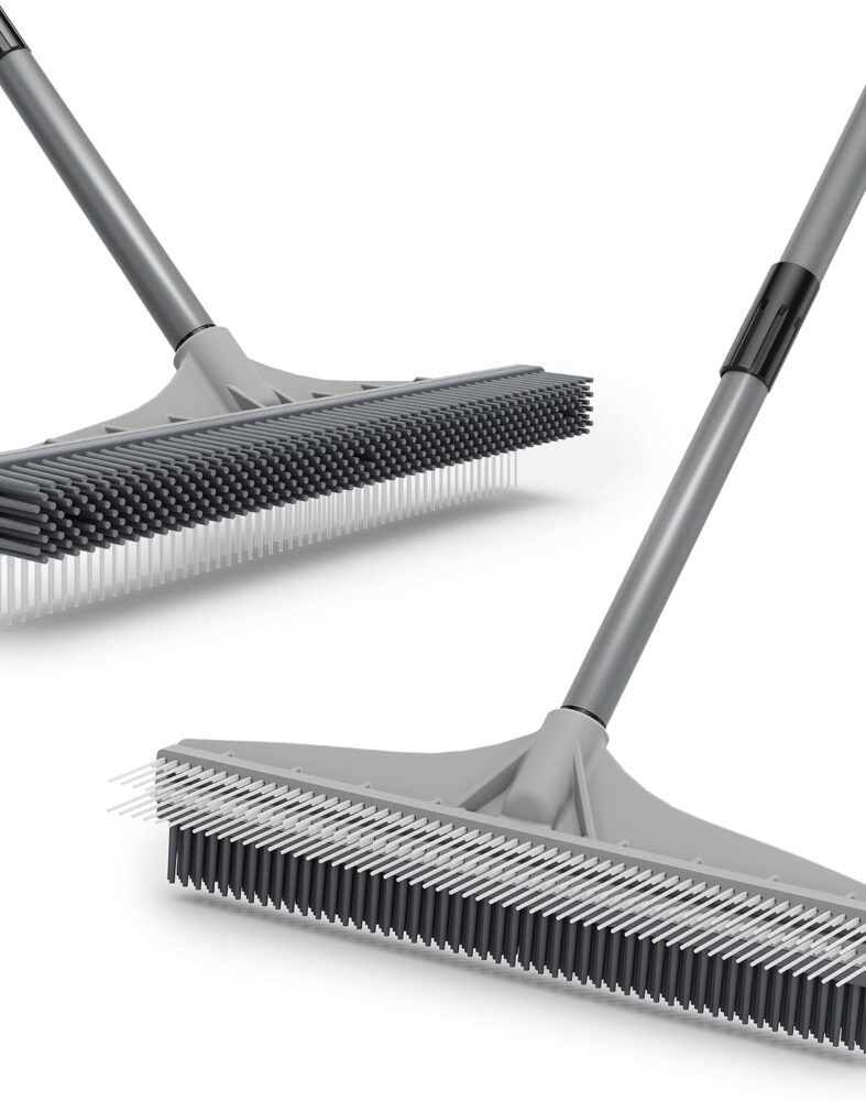 Walensee Carpet Rake, 2-in-1 Nylon & Rubber Brush, 61" Adjustable Handle
