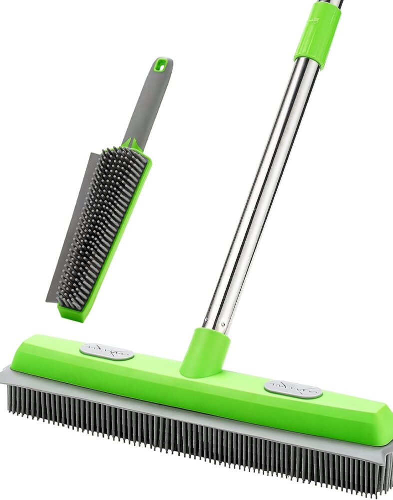Rubber Broom with Squeegee for Carpet Pet Hair Remover,57 inch Long Handled Fur Remover Rake,Portable Detailing Lint Brush,Pet Removal Fluff Carpet, Hardwood Floor, Tile