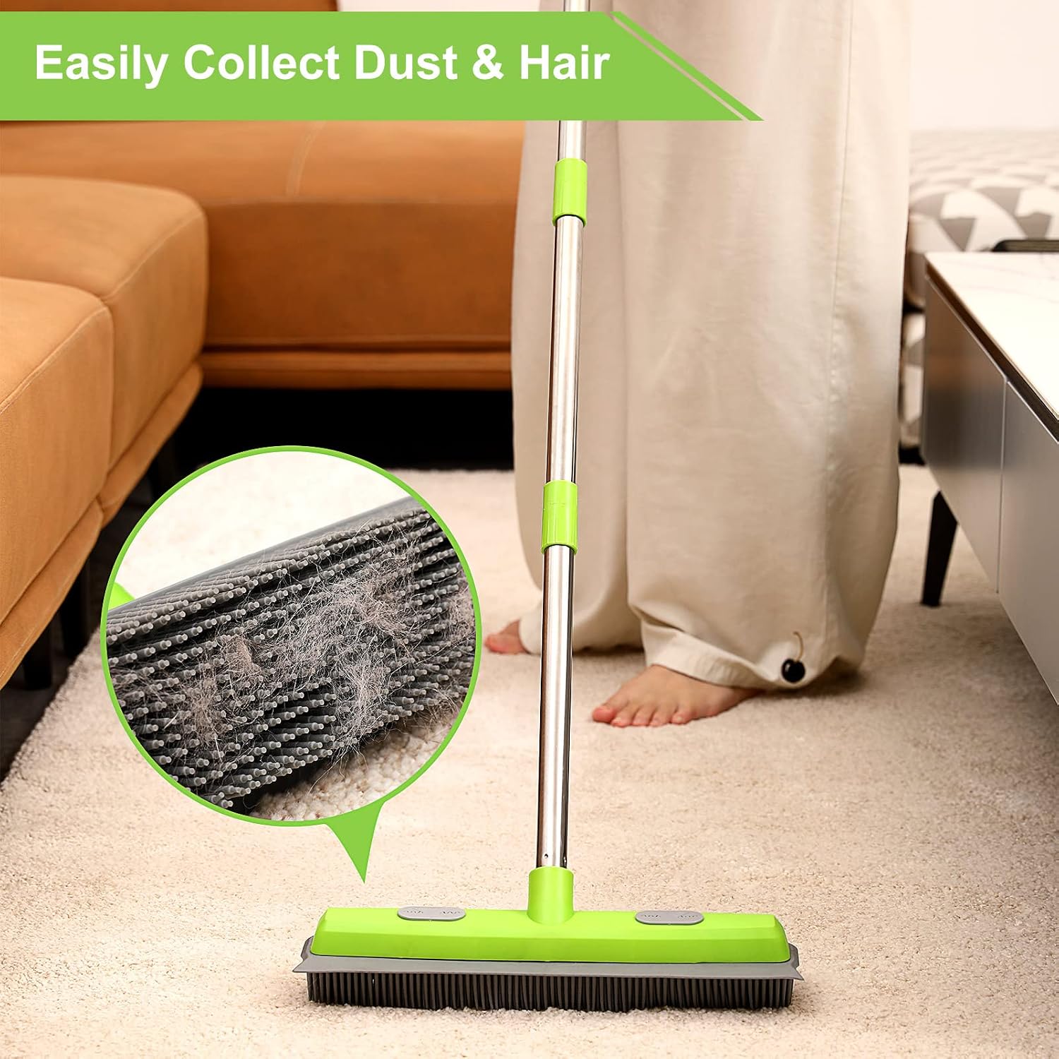 Rubber Broom with Squeegee for Carpet Pet Hair Remover,57 inch Long Handled Fur Remover Rake,Portable Detailing Lint Brush,Pet Removal Fluff Carpet, Hardwood Floor, Tile - Image 2